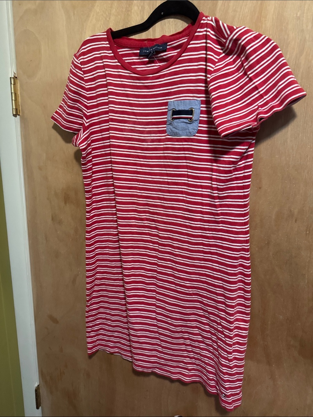 Tommy Hilfiger Red and White Striped Tee with Blue Pocket
